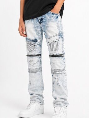 Distressed Light Wash Moto Jeans - Bleached Blue